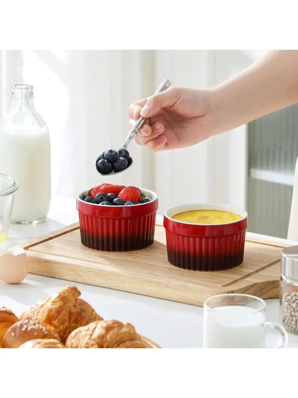 Set of 6 Oven Safe Ceramic Ramekins - Red Soufflé Dishes for Baking, Dipping
